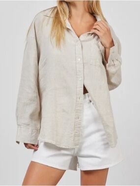 100% Linen Academy Women Relaxed Linen Button-Down Shirt - Neutral Beige M